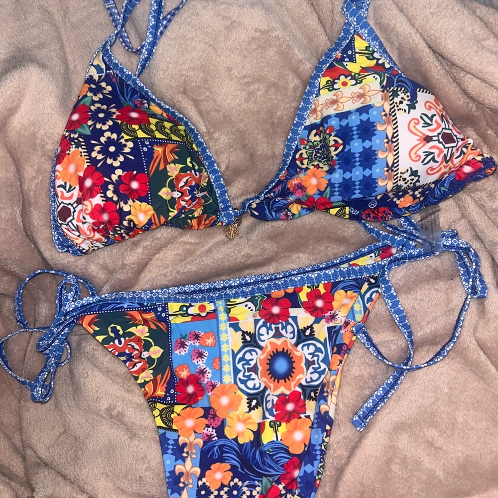 SHEIN Floral Patchwork Bikini - Blue and Multicolor